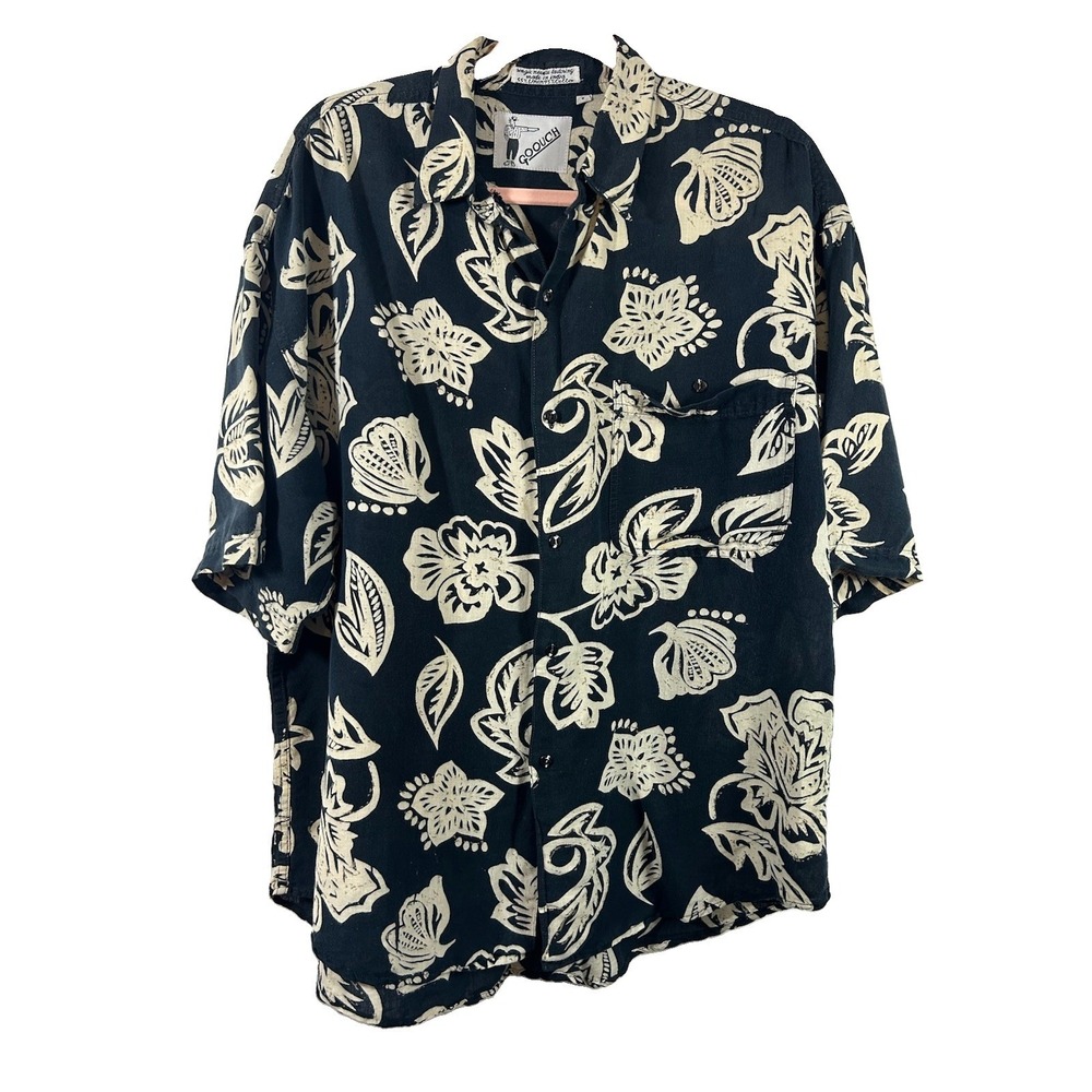 VTG Goouch 90s Linen Blend Abstract Tropical Shirt L Whimsigoth Single‎ Needle